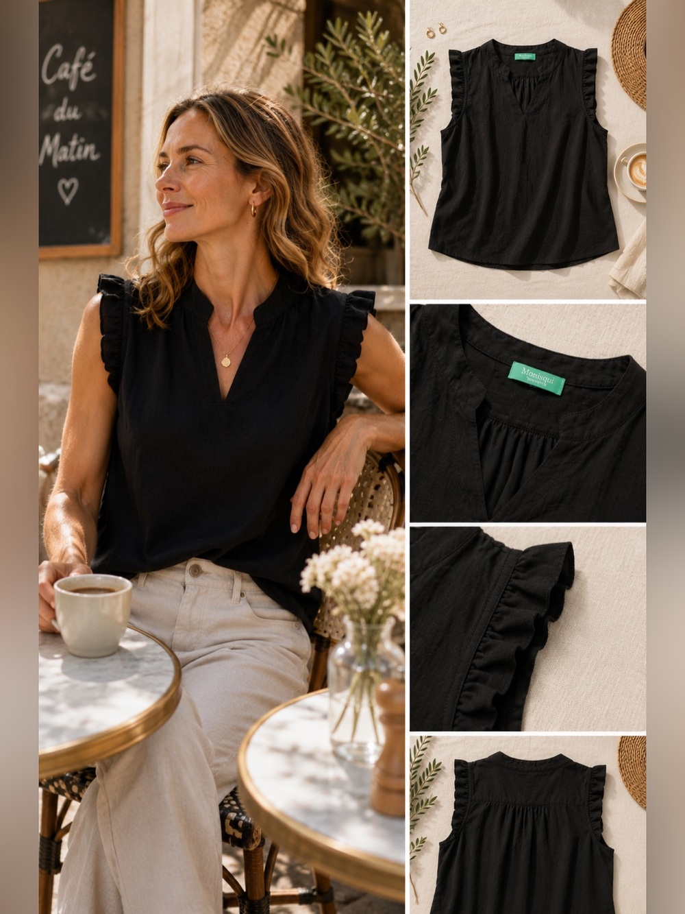 Monisqui Black Ruffle Sleeve Blouse Split Neck Top Medium
